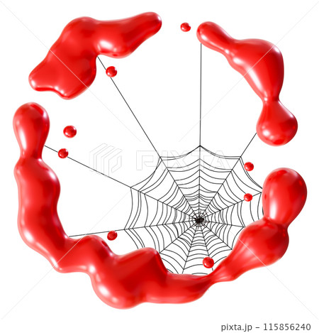 Vivid red blood splashes and spider with a web, isolated on white background, dramatic and eerie Halloween design element. Cut out of red liquid, fluid. 3D render. 115856240