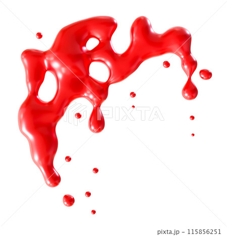 Vivid red blood splash isolated on white background, perfect as dramatic and eerie Halloween design element. Cut out of red dripping liquid, fluid. 3D render. 115856251
