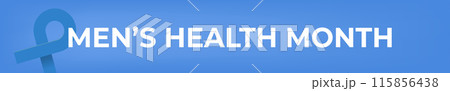 Mens health month concept wide horizontal banner design template with blue ribbon and text isolated on blue background. June is national mens health awareness month vector wide flyer or poster 115856438