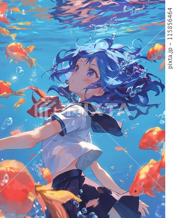 海の中・女の子 手描きイラスト