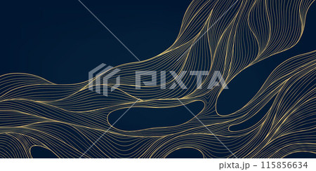 Vector abstract wave organic pattern, gold on blue fluid art shape. Dynamic flow banner, line water illustration Vector abstract wave organic pattern, gold on blue fluid art shape. Dynamic flow banner, line water illustration 115856634