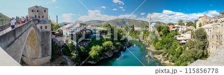 Rebuilt iconic ancient bridge in downtown Mostar 115856778