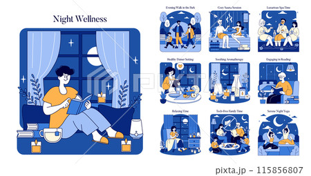 Night Wellness set. Evening relaxation activities for health and comfort. Family walks, aromatherapy, reading, spa, sauna, and yoga illustrations. Vector illustration. Night Wellness set. Evening relaxation activities for health and comfort. Family walks, aromatherapy, reading, spa, sauna, and yoga illustrations. Vector illustration. 115856807