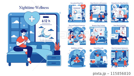 Nighttime Wellness set. Illustrations promoting healthy sleep through personalized plans, nutrition, and technology. Vector illustration. 115856810