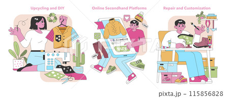 Creative reuse set. Enthusiasts engage in upcycling and DIY projects, shopping on online secondhand platforms, and repairing items for a unique style. Sustainable living. Vector illustration. Creative reuse set. Enthusiasts engage in upcycling and DIY projects, shopping on online secondhand platforms, and repairing items for a unique style. Sustainable living. Vector illustration. 115856828