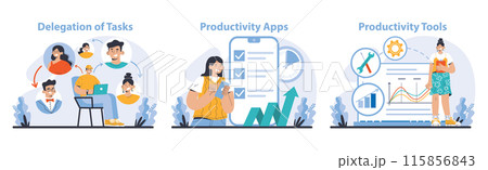 Productivity boosting set. Workflow distribution and digital solutions. Team collaboration, app integration, effective resource management. Flat vector illustration. Productivity boosting set. Workflow distribution and digital solutions. Team collaboration, app integration, effective resource management. Flat vector illustration. 115856843