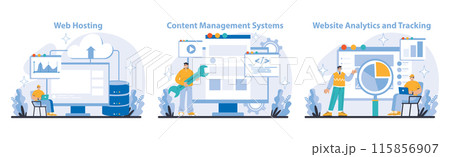Internet Services set. Business and marketing. Robust web hosting, versatile content management, and precise website analytics. Streamlining digital presence and user engagement. Vector illustration. Internet Services set. Business and marketing. Robust web hosting, versatile content management, and precise website analytics. Streamlining digital presence and user engagement. Vector illustration. 115856907