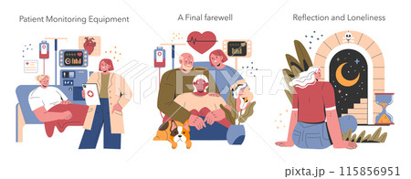 Euthanasia concept set. Patient end-of-life care, emotional goodbye moment, contemplation on mortality. Compassionate terminal illness support. Vector illustration. Euthanasia concept set. Patient end-of-life care, emotional goodbye moment, contemplation on mortality. Compassionate terminal illness support. Vector illustration. 115856951