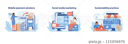 Retail Tech Solutions Set. Intuitive mobile payments, strategic social media marketing, and eco-friendly retail sustainability practices. Flat vector illustrations. Retail Tech Solutions Set. Intuitive mobile payments, strategic social media marketing, and eco-friendly retail sustainability practices. Flat vector illustrations. 115856970
