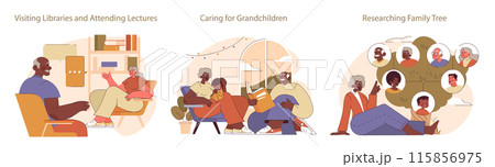 Retirees' activities set. Seniors at a library lecture, quality time with grandchildren, ancestry exploration. Lifelong learning, family care, heritage interest. 115856975