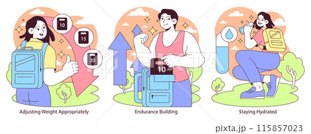 Rucking set. Strategic weight adjustment, building endurance, and hydration techniques for rucking enthusiasts. Essentials of weighted walking. Flat vector illustration. Rucking set. Strategic weight adjustment, building endurance, and hydration techniques for rucking enthusiasts. Essentials of weighted walking. Flat vector illustration. 115857023