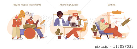 Retirees' Activities set. Illustration of seniors indulging in music, embracing online learning, and enjoying the art of writing. A celebration of creative and intellectual pursuits. 115857033