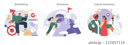 Soft skills set. Portrayal of multitasking, persistence, and cultural awareness with dynamic individuals. Goals and global interaction highlighted. Soft skills set. Portrayal of multitasking, persistence, and cultural awareness with dynamic individuals. Goals and global interaction highlighted. 115857114