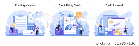 Credit Score Journey Set. Navigating the credit landscape from application, through credit rating checks, to the joy of credit approval. Flat vector illustration 115857130