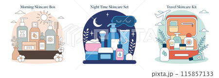 Skincare Toolbox set. Morning, night, and travel skincare essentials for daily routines. Vector illustration of beauty products and accessories. 115857133