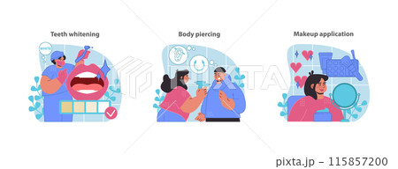 Aesthetic service set. Dental brightening, body ornamentation, and facial makeup techniques for enhanced beauty. Flat vector illustration. Aesthetic service set. Dental brightening, body ornamentation, and facial makeup techniques for enhanced beauty. Flat vector illustration. 115857200