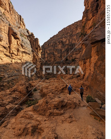 Hiking through the iconic Amtoudi canyon in the Anti-Atlas Hiking through the iconic Amtoudi canyon in the Anti-Atlas 115857255