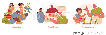 Grandparents Day set. Scenes of gardening, family dinner, and playing games with grandchildren. Cherishing bonds across generations. Vector illustration. Grandparents Day set. Scenes of gardening, family dinner, and playing games with grandchildren. Cherishing bonds across generations. Vector illustration. 115857300