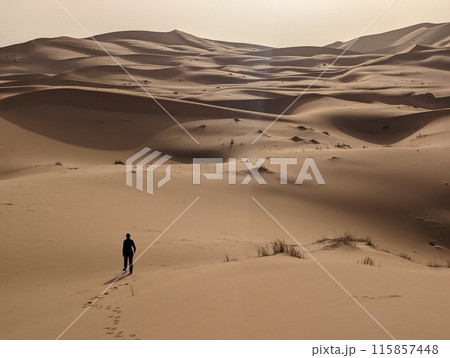 A person walking through the Erg Chebbi desert in the African Sahara, Morocco A person walking through the Erg Chebbi desert in the African Sahara, Morocco 115857448