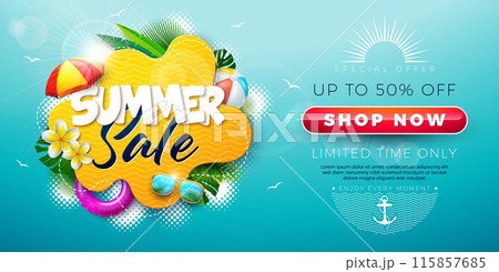 Summer Sale Business Banner Design with Flower and Beach Holiday Elements on Blue Background. Tropical Vacation Vector Floral Illustration with Special Offer Typography for Coupon, Voucher, Flyer Summer Sale Business Banner Design with Flower and Beach Holiday Elements on Blue Background. Tropical Vacation Vector Floral Illustration with Special Offer Typography for Coupon, Voucher, Flyer 115857685