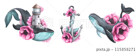 Large whale, lighthouse with pink anemone flowers. Watercolor illustration, hand drawn. set of elements isolated from background. For posters, cards, stickers, prints, tattoos 115858271