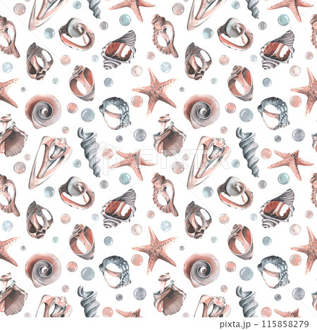 Various broken seashells and starfish, bubbles. Watercolor illustration hand drawn. Seamless pattern for fabric textiles, wallpaper, packaging, beach and summer prints on a white background 115858279