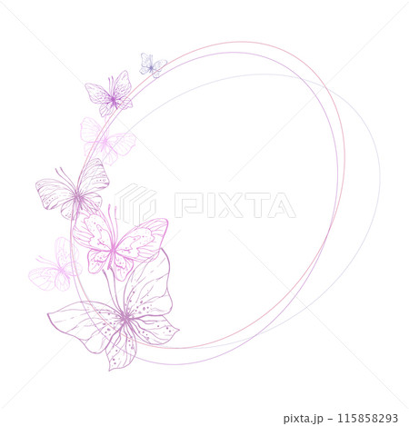 Butterflies are pink, blue, lilac, flying, delicate line art. Graphic illustration hand drawn in pink, lilac ink. oval frame, template EPS vector Butterflies are pink, blue, lilac, flying, delicate line art. Graphic illustration hand drawn in pink, lilac ink. oval frame, template EPS vector 115858293