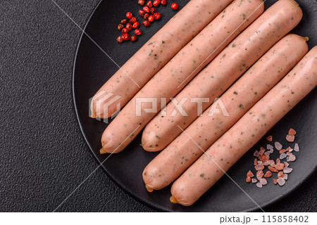 Vegan or vegetarian sausages made from meat substitutes Vegan or vegetarian sausages made from meat substitutes 115858402