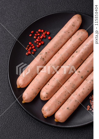 Vegan or vegetarian sausages made from meat substitutes 115858404