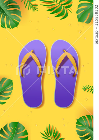 Purple flip flops on yellow background with tropical leaves and water droplets summer beach theme Purple flip flops on yellow background with tropical leaves and water droplets summer beach theme 115859302