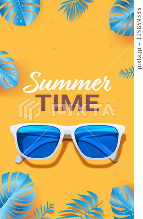 Summer sunglasses blue tropical leaves yellow background water droplets Summer sunglasses blue tropical leaves yellow background water droplets 115859335