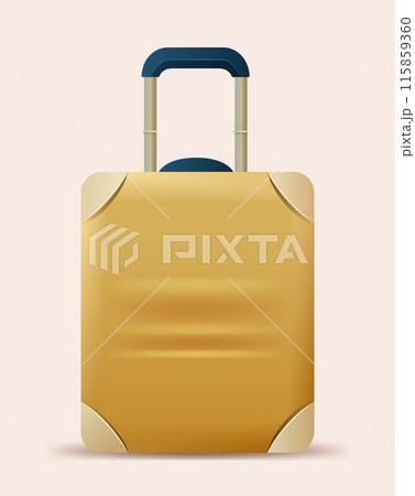 Yellow suitcase with extended handle travel luggage minimalist design isolated on beige background Yellow suitcase with extended handle travel luggage minimalist design isolated on beige background 115859360