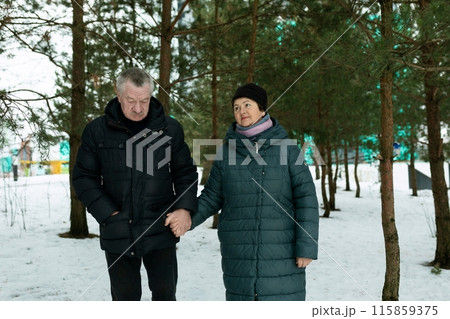 Cute retired couple going for a walk and holding hands together 115859375