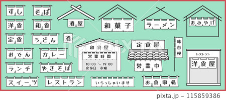 シンプルな白地の暖簾のフレームセット、背景イラスト、和風の建物、ベクター、サンプル文字、線、枠線あり 115859386