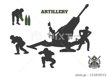 Artillery division isolated silhouette. Military scene with soldiers and cannon. Heavy gun troops banner. Modern war black background 115859533
