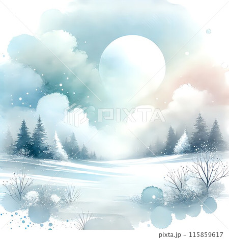 森のシルエットと雪が降る夜の風景 115859617
