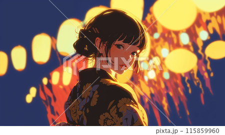 振り返る浴衣の女性 115859960