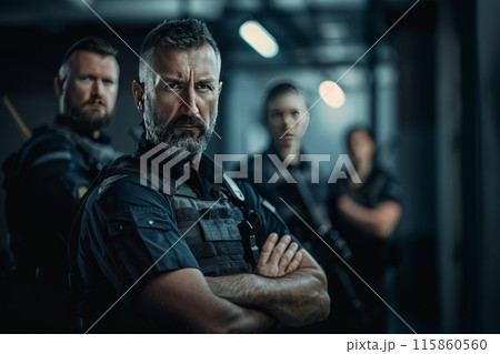 Special police force. Armed policeman force. Military patrol portrait. Man squad in uniform 115860560