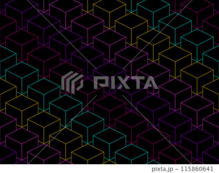 3D cubes seamless pattern. Multicolor abstract background in cyberpunk style. Cryptoblocks. Design for banners, printed materials and posters. Vector illustration 115860641