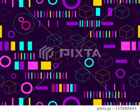 Cyberpunk seamless pattern in 80s and 90s retro futurism style. Signal error, pixel mosaic. Futuristic background for prints, wallpapers, covers, wrappers, banners and posters. Vector illustration 115860643