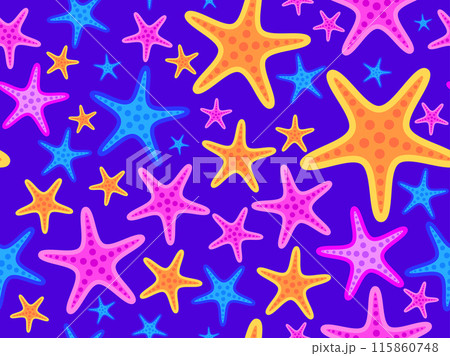 Starfish seamless pattern. Colorful sea stars. Abstract background with starfish in a minimalist style for printing wallpapers, wrappers, banners and posters. Vector illustration 115860748
