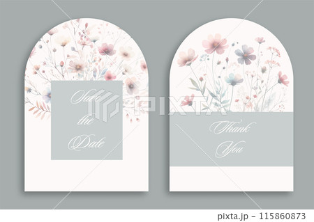 Wedding arch Invitation Card Design with watercolor elegant Wildflowers and herbs. 115860873
