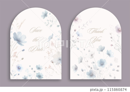 Wedding arch Invitation Card Design with watercolor elegant Wildflowers and herbs. 115860874