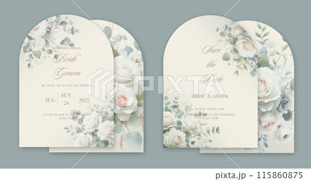 Wedding arch Invitation Card Design with watercolor elegant green botanical roses and leaves. Wedding arch Invitation Card Design with watercolor elegant green botanical roses and leaves. 115860875