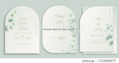Wedding arch Invitation Card Design with watercolor elegant eucalyptus Wildflowers and herbs. 115860877