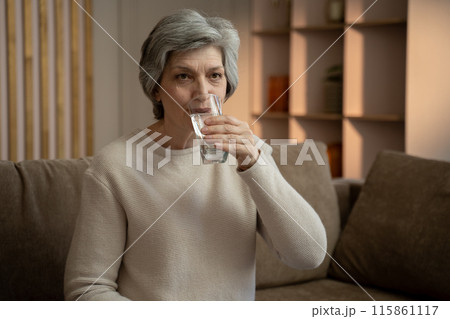 Senior Woman Drinking Water On Couch At Home In Evening Senior Woman Drinking Water On Couch At Home In Evening 115861117