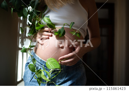 A pregnant belly embraced by green leaves, symbolizing nature and new beginnings A pregnant belly embraced by green leaves, symbolizing nature and new beginnings 115861423