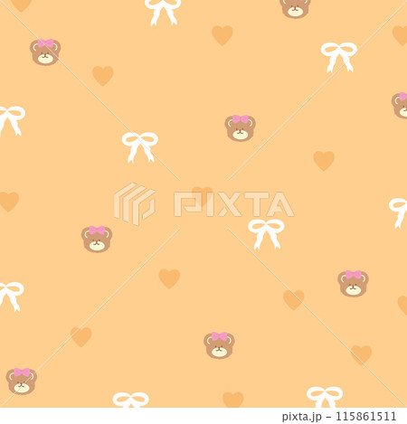 Illustration of teddy bear, ribbon, heart on a pastel orange background for fabric, animal print, wallpaper, backdrop, kid cloth, picnic, spring, summer, cute pattern, textile, garment, toddler, baby 115861511