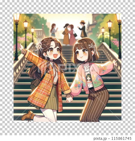 スポット巡りする女子　イラスト　Generative AI 115861745