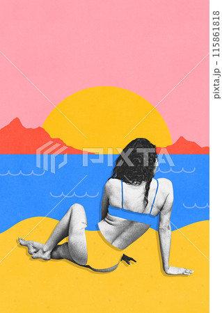 Contemporary art collage. Woman in a swimsuit made from beach landscape lounges on sand, gazing at sunset over serene ocean. Contemporary art collage. Woman in a swimsuit made from beach landscape lounges on sand, gazing at sunset over serene ocean. 115861818